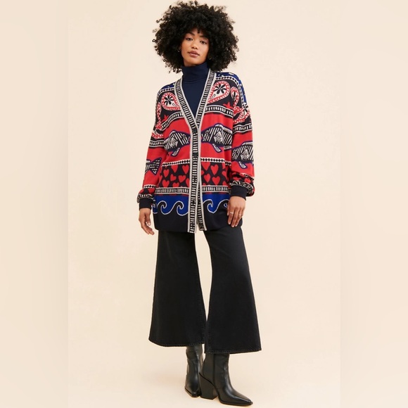 FARM Rio Navy Mixed Prints Fish Knit Cardigan Sz S - Picture 1 of 13